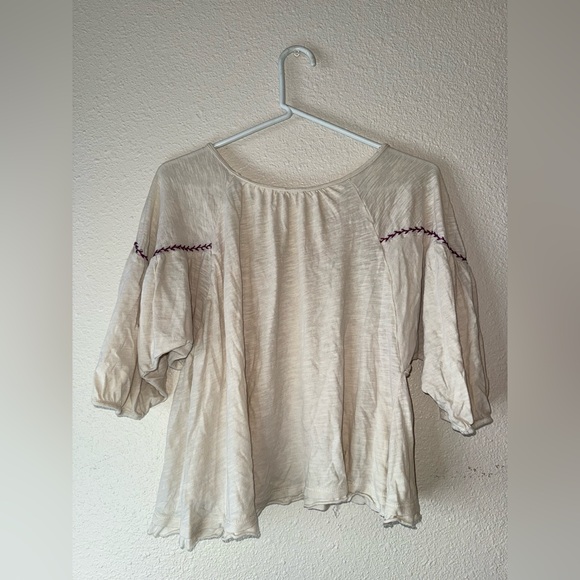 FREE PEOPLE Ivory 3/4 Balloon Sleeve Boho Embroidered raw hem peasant top - Picture 4 of 8